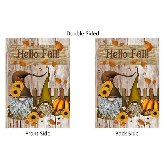HELLO FALL Gnomes Double Sided Fall Gnome Garden Flag with Pumpkin Leaves NEW - Picture 3 of 7